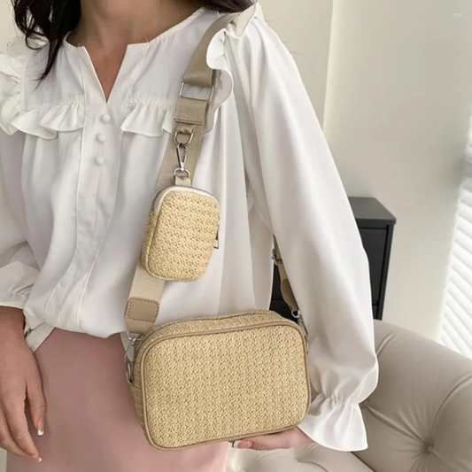 Gold Sling Crossbody Bag In Jute Material.