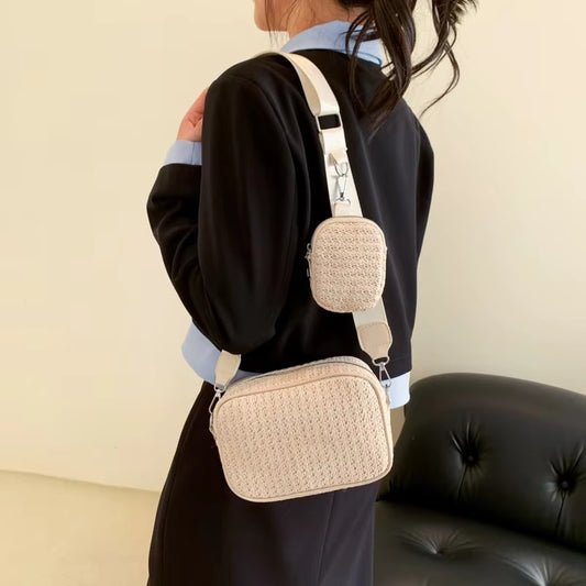 White Sling Crossbody Bag In Jute Material.