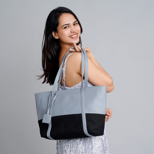 Light Blue Faux Leather Tote Bag For Women - Ideal for Party, Casual and Professional Look.