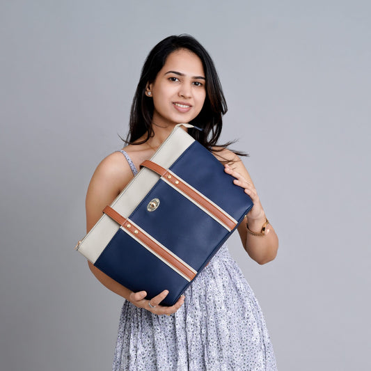 Dark Blue Faux Leather Tote Bag For Women - Ideal for Casual & Professional Look.