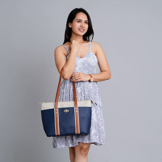 Dark Blue Faux Leather Tote Bag For Women - Ideal for Casual & Professional Look.