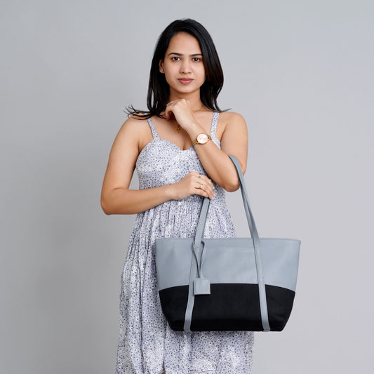 Light Blue Faux Leather Tote Bag For Women - Ideal for Party, Casual and Professional Look.