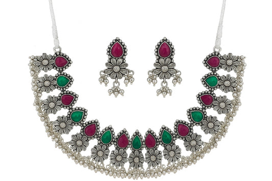 Silver Oxidised Floral Choker Set with Pink & Green Stones