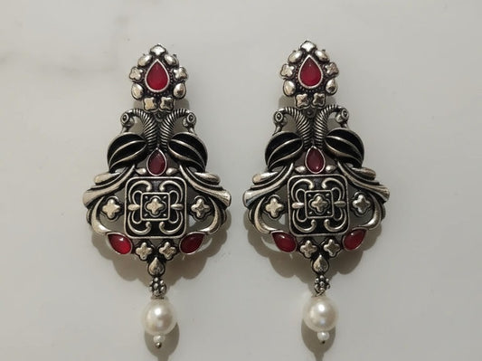Oxidised Silver Royal Red Stone Earrings with Pearl Drop | Antique Temple Style Earrings for Women | Traditional Festive Jewellery