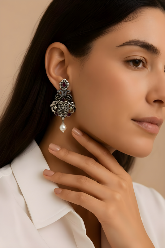 Oxidised Silver Royal Red Stone Earrings with Pearl Drop | Antique Temple Style Earrings for Women | Traditional Festive Jewellery