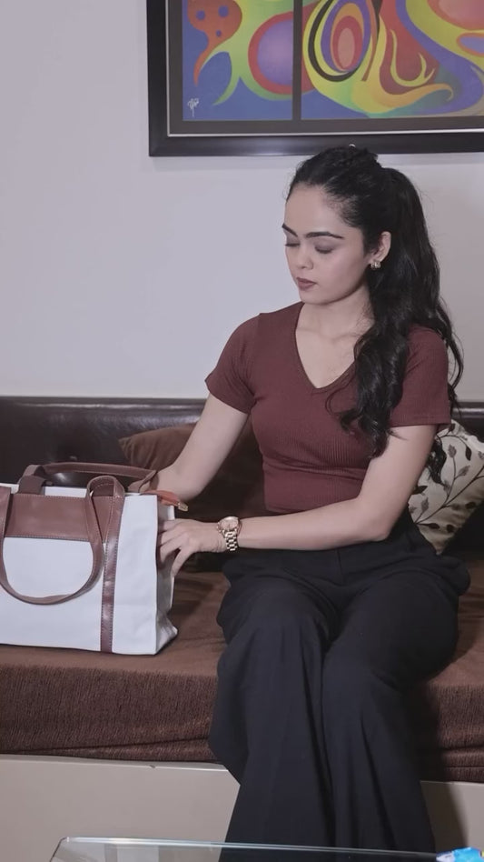 White Canvas Leather Tote Bag For Women - Ideal for Casual & Professional Look.
