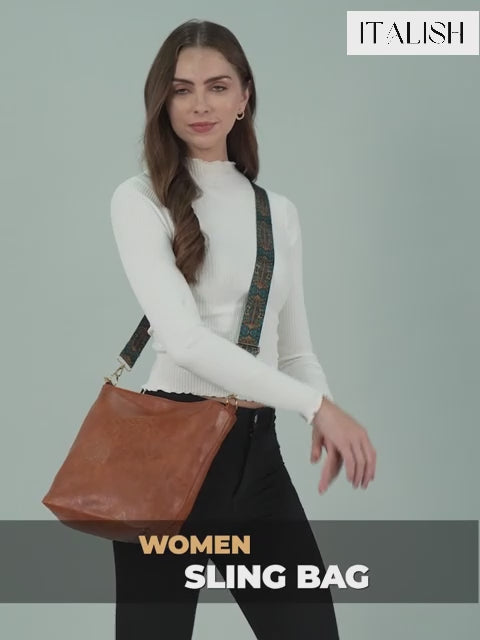 Brown Canvas Leather Sling Bag For Women - Ideal for Nightouts and Casual Wear.