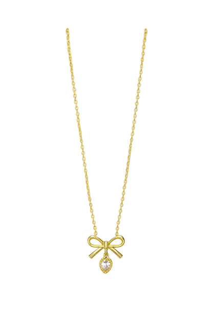 Gold Plated Anti-Tarnish Bow Pendant Necklace with Crystal Drop - Gift Era Shore