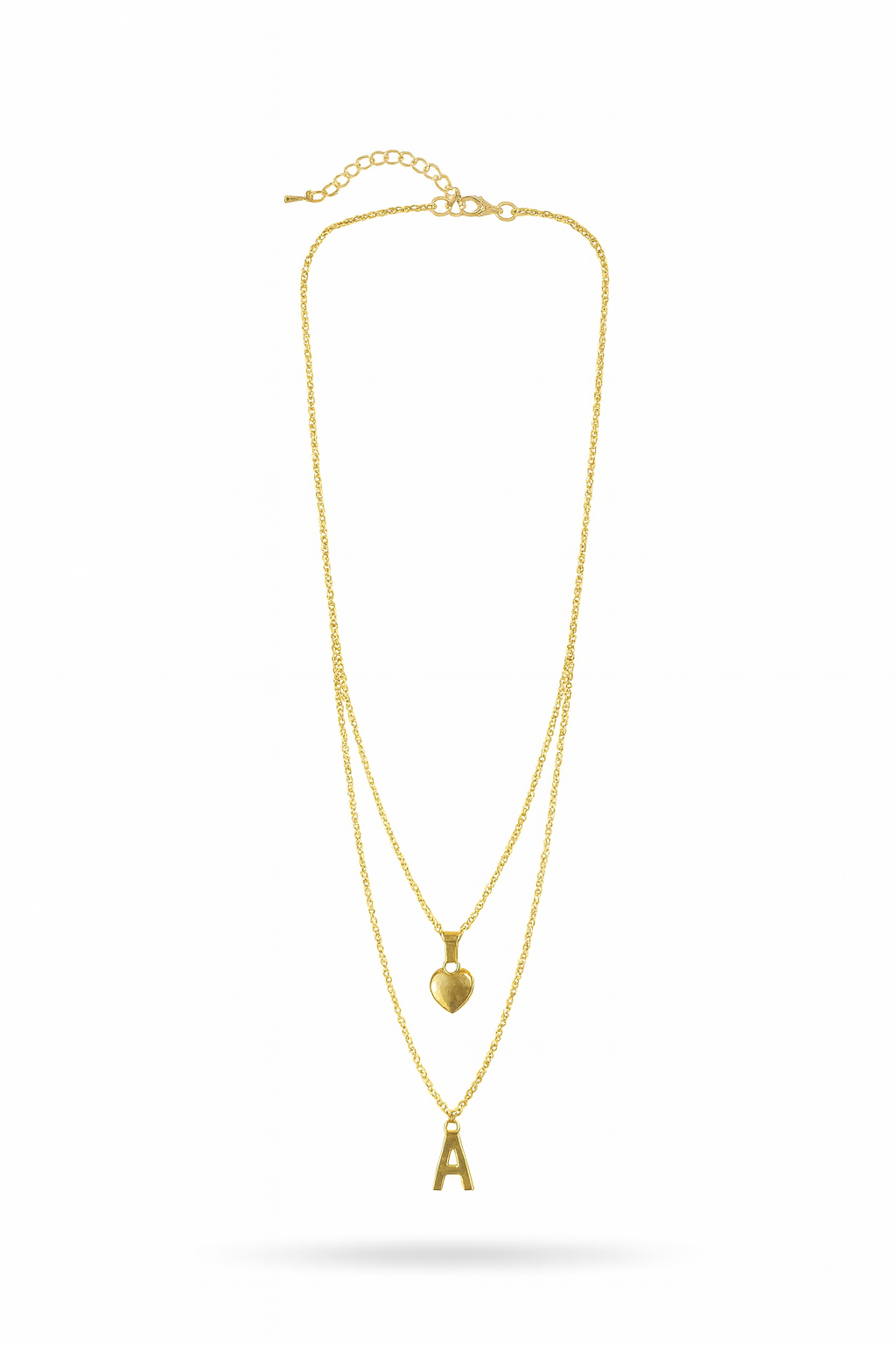 Korean Twin Chain Pendant Necklace – Gold Plated Heart & Initial "A" Charm - Gift Era Shore