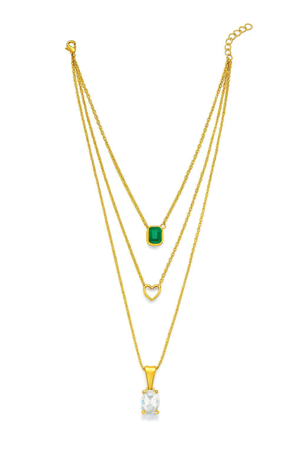 Korean Triple Layered Anti-Tarnish Necklace – Gold Plated with Heart & Crystal Pendants - Gift Era Shore