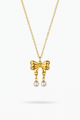 Korean Elegant Bow Pendant Necklace with Pearl Drops – Anti-Tarnish Gold Plated - Gift Era Shore