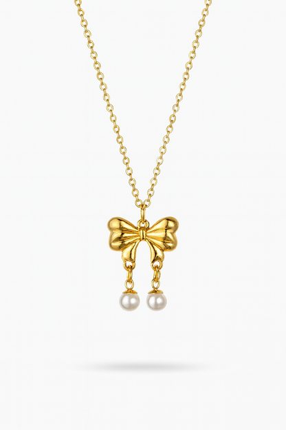 Korean Elegant Bow Pendant Necklace with Pearl Drops – Anti-Tarnish Gold Plated - Gift Era Shore