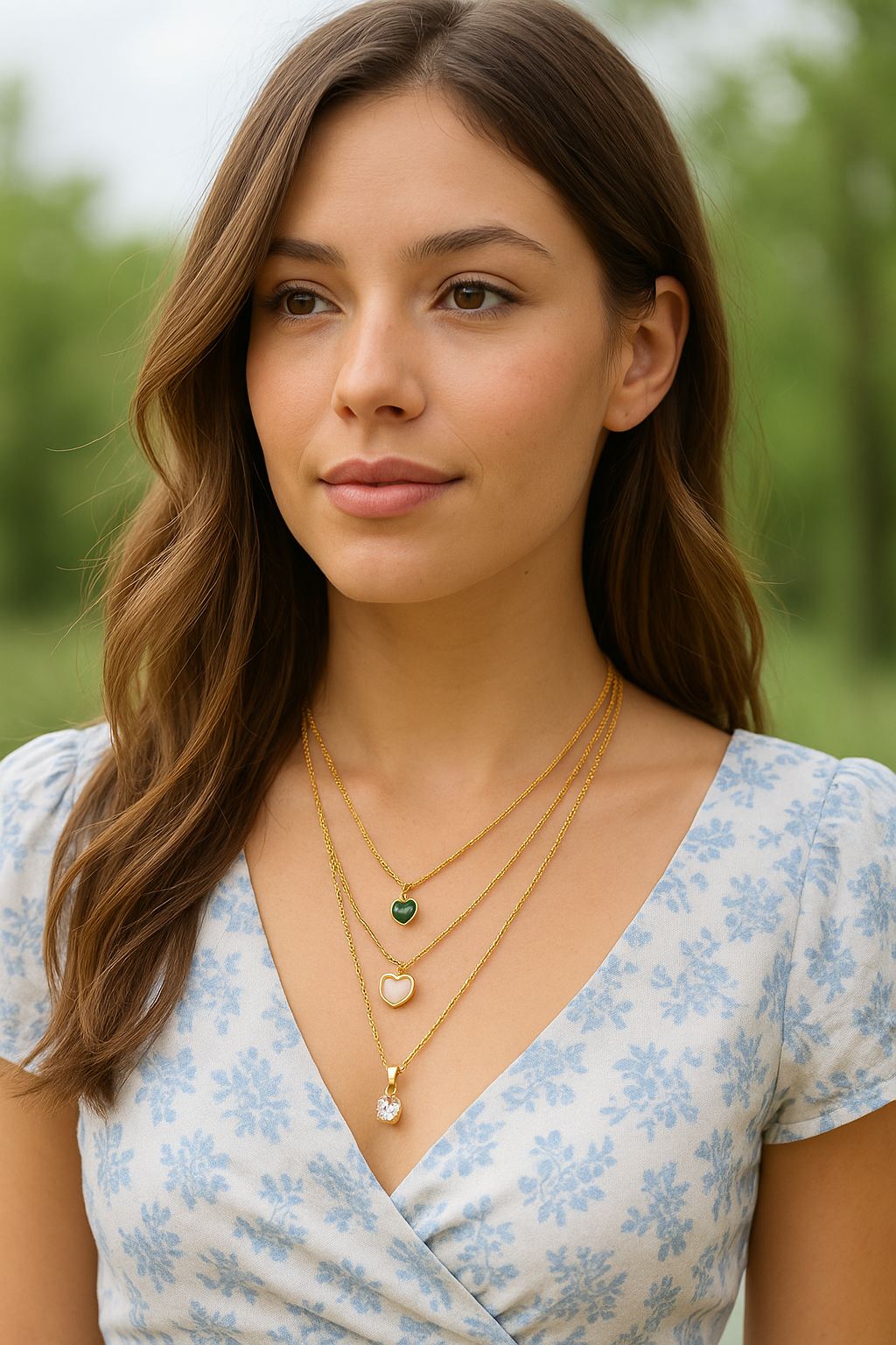 Korean Triple Layered Anti-Tarnish Necklace – Gold Plated with Heart & Crystal Pendants - Gift Era Shore