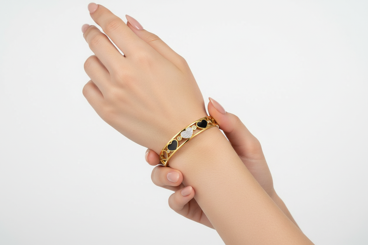 Heart Motif Gold Bracelet with Black & Crystal Accents | Romantic Jewellery
