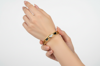 Heart Motif Gold Bracelet with Black & Crystal Accents | Romantic Jewellery