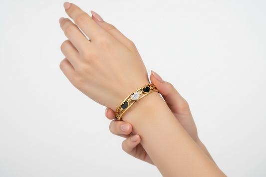 Heart Motif Gold Bracelet with Black & Crystal Accents | Romantic Jewellery