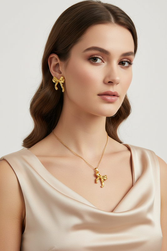 Cute Bow Motif Gold Pendant & Earrings Set | Anti-Tarnish Jewellery