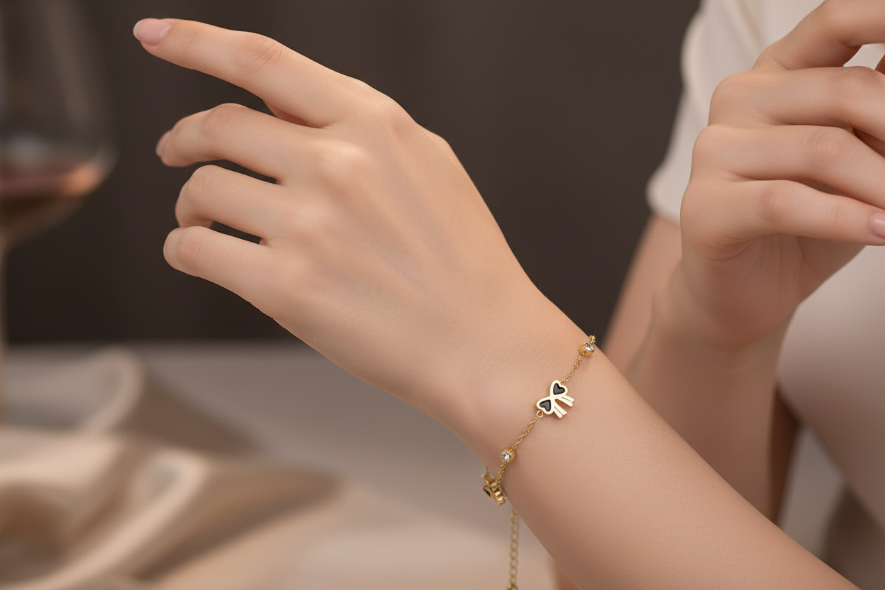 Bow & Heart Motif Gold Bracelet | Anti-Tarnish Jewellery
