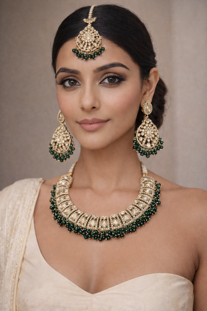 Antique Finish Polki Choker Set with Emerald Beads & Maang Tikka - Grand Wedding Set