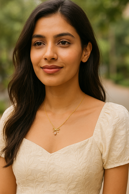 Gold Plated Anti-Tarnish Bow Pendant Necklace with Crystal Drop - Gift Era Shore