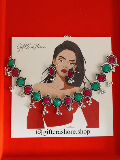 Silver Oxidised Green & Pink Round Choker Necklace - Gift Era Shore