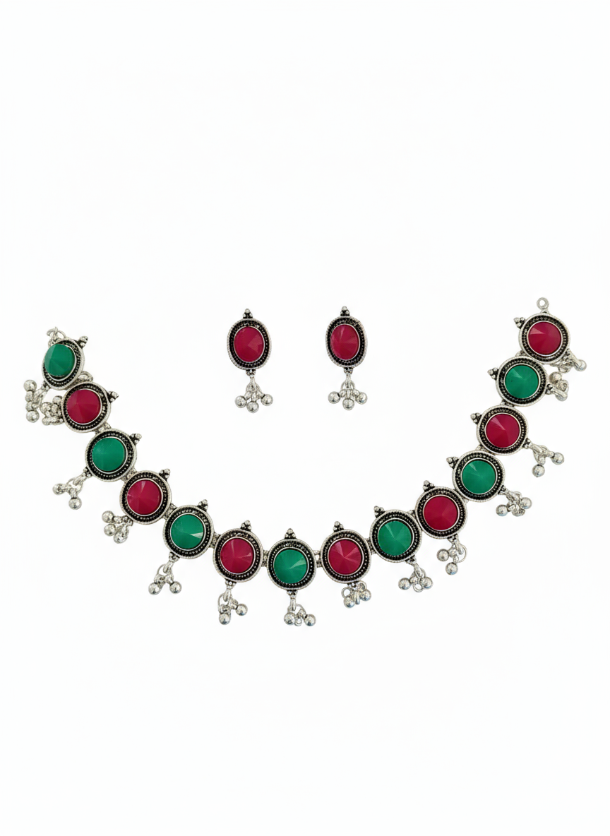 Silver Oxidised Green & Pink Round Choker Necklace - Gift Era Shore