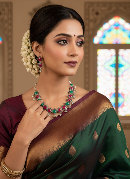 Silver Oxidised Green & Pink Round Choker Necklace - Gift Era Shore