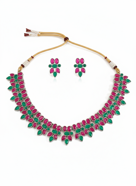 Oxidised Silver Floral Choker Set – Pink & Green Stones