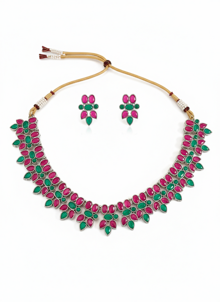 Oxidised Silver Floral Choker Set – Pink & Green Stones