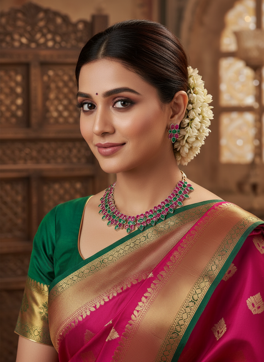 Oxidised Silver Floral Choker Set – Pink & Green Stones