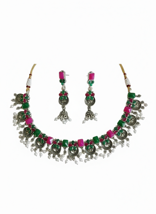 Oxidised Peacock Design Green & Pink Choker Set