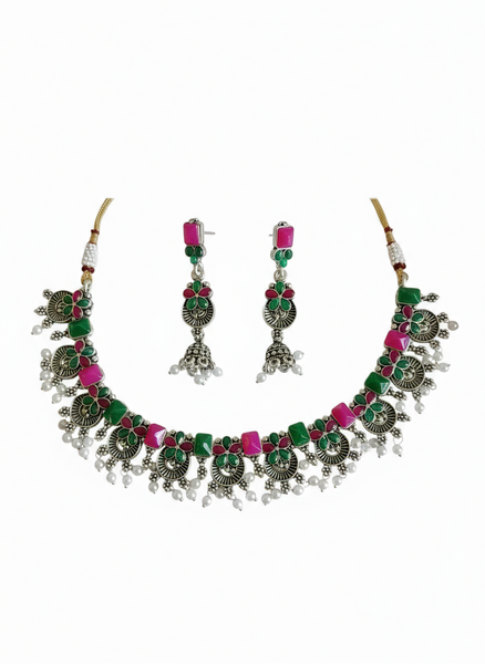 Oxidised Peacock Design Green & Pink Choker Set