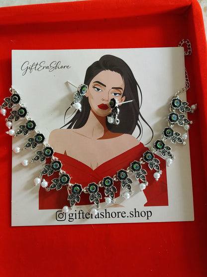 Oxidised Blue Floral Choker with Pearls - Gift Era Shore