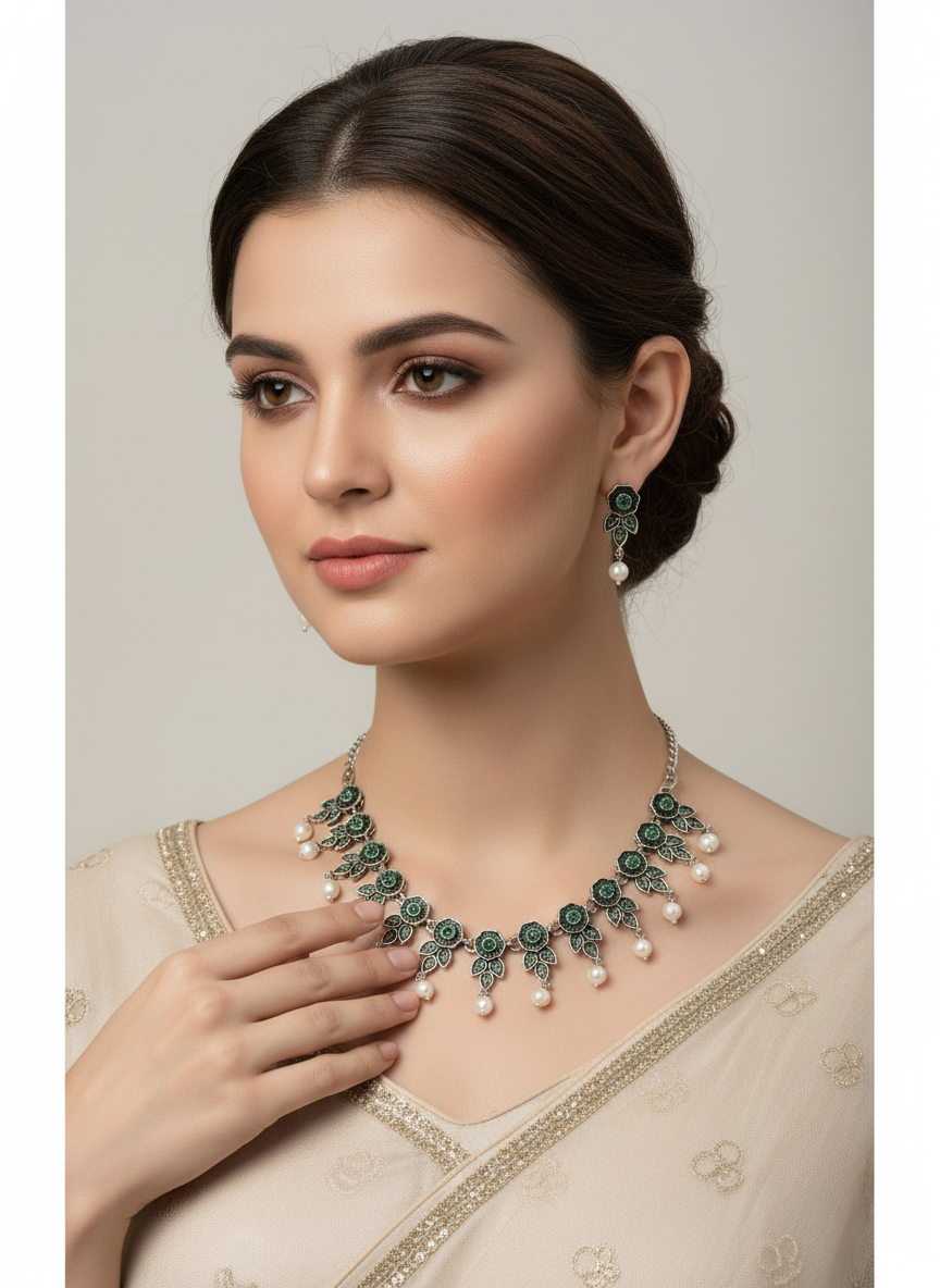 Oxidised Blue Floral Choker with Pearls