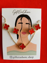 Golden Red Clover Anti-Tarnish Necklace Set With Earrings - Gift Era Shore