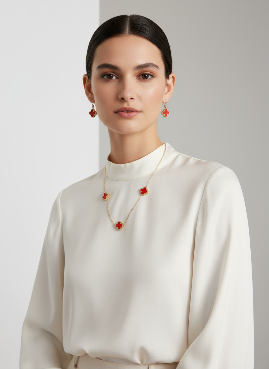 Golden Red Clover Anti-Tarnish Necklace Set With Earrings - Gift Era Shore