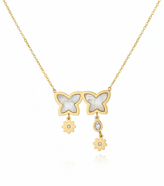 Mother of Pearl Butterfly & Flower Necklace