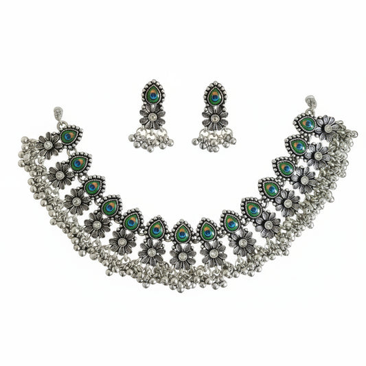 Oxidized Peacock Feather Choker Set