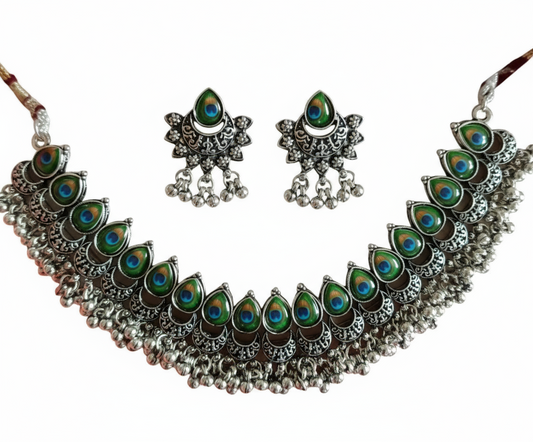 Oxidized Flower & Peacock Drop Choker Set