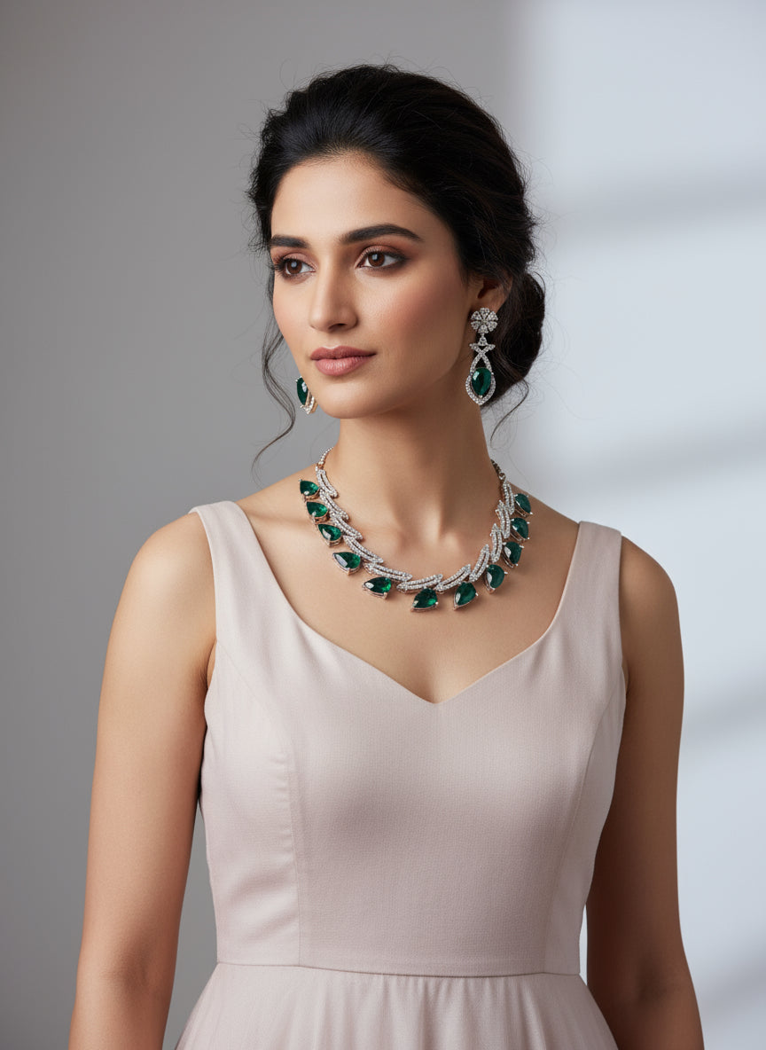 Deep Emerald Green Teardrop Stone and AD Statement Necklace Set