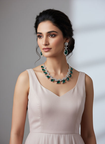 Deep Emerald Green Teardrop Stone and AD Statement Necklace Set