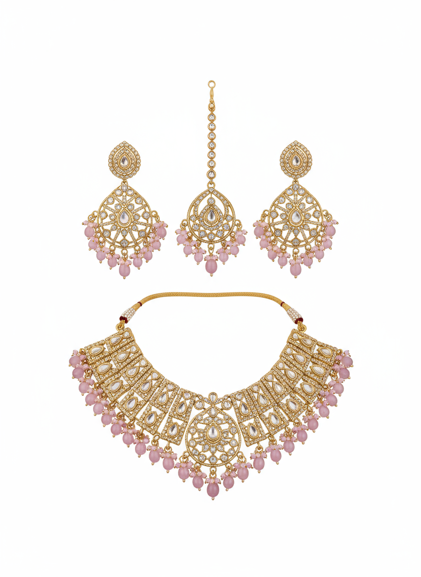 Pink Bead & Champagne Stone Heavy Necklace Set - Gift Era Shore