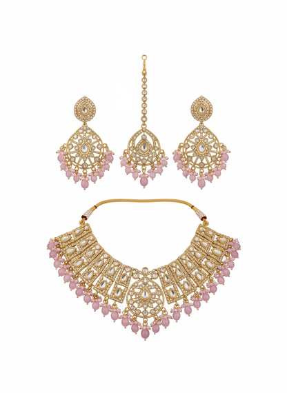 Pink Bead & Champagne Stone Heavy Necklace Set - Gift Era Shore