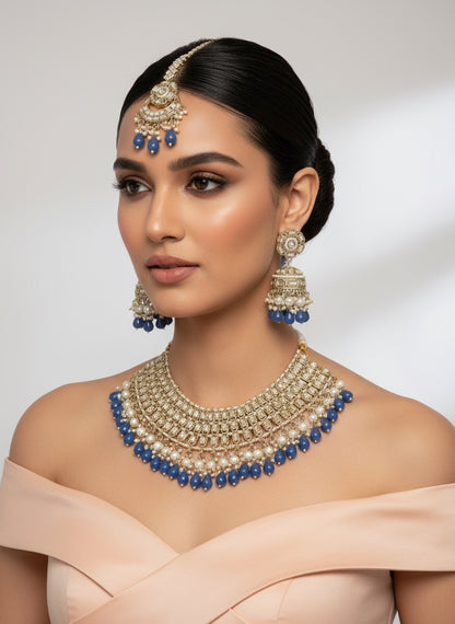 Royal Blue Bead and Polki Stone Heavy Choker Set