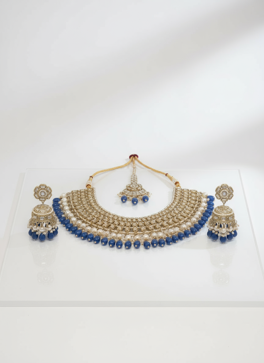 Royal Blue Bead & Polki Stone Choker Set - Gift Era Shore