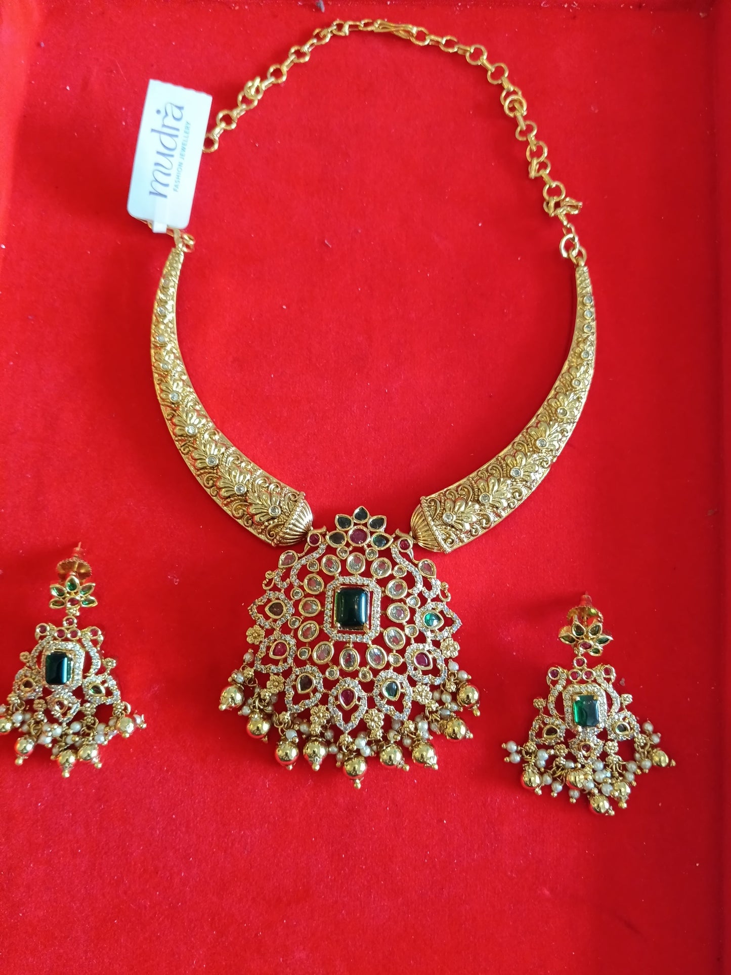 Gold-Plated Traditional Temple Jewelry Set with Green Stone
