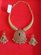 Gold-Plated Traditional Temple Jewelry Set with Green Stone