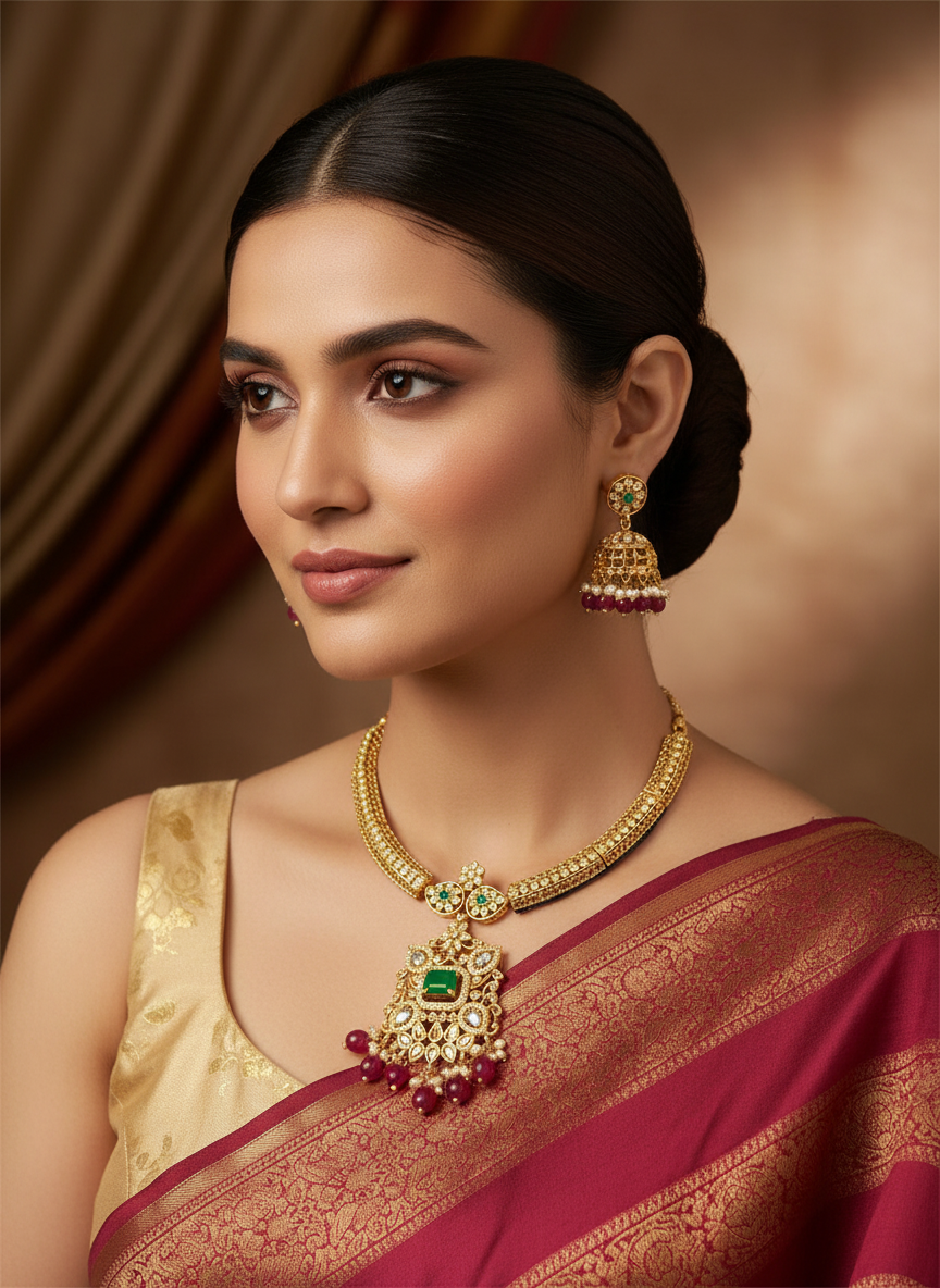 Regal Kundan Pendant Set: Gold Finish Ruby & Emerald Statement Jewellery