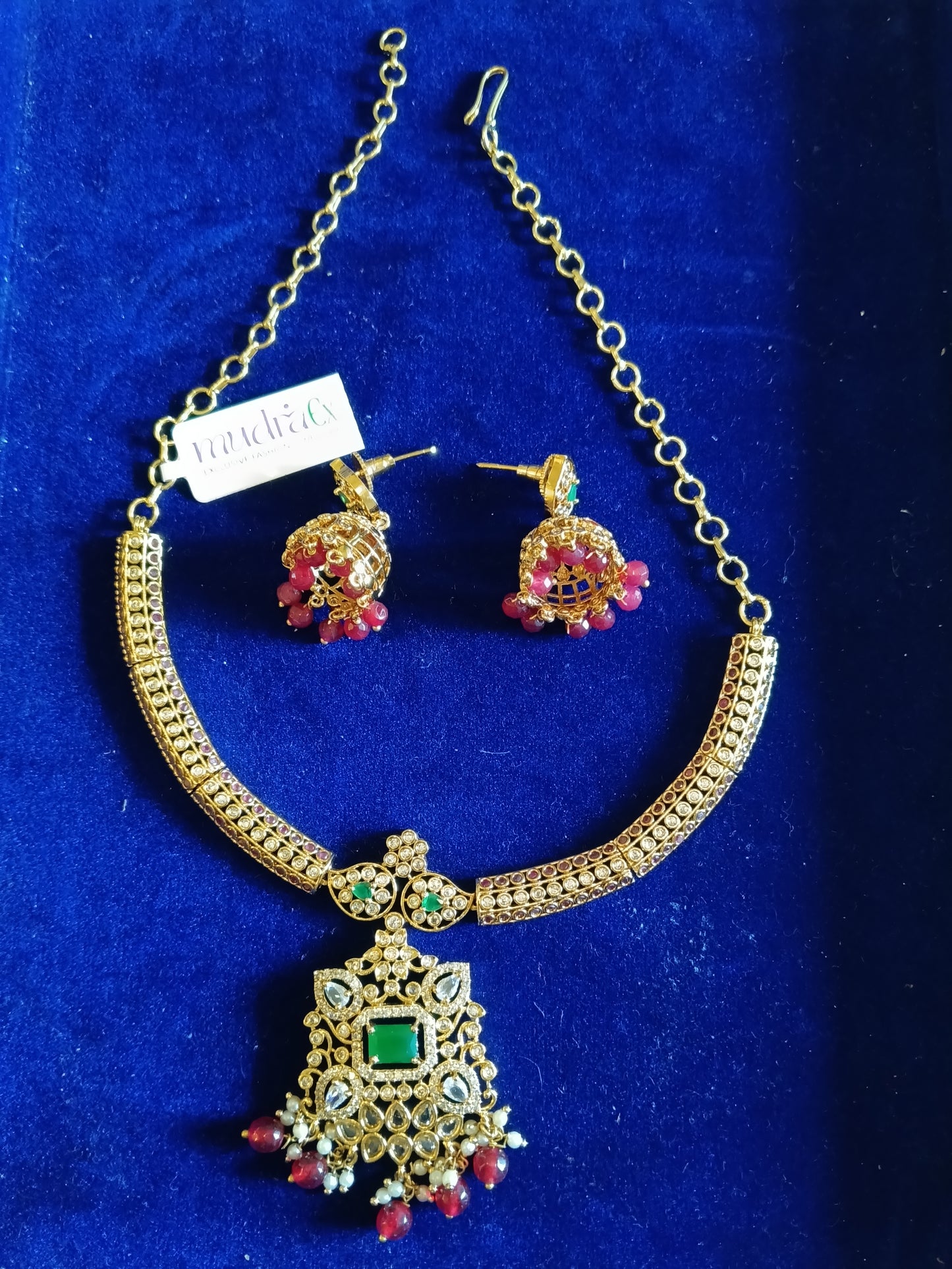 Regal Kundan Pendant Set: Gold Finish Ruby & Emerald Statement Jewellery