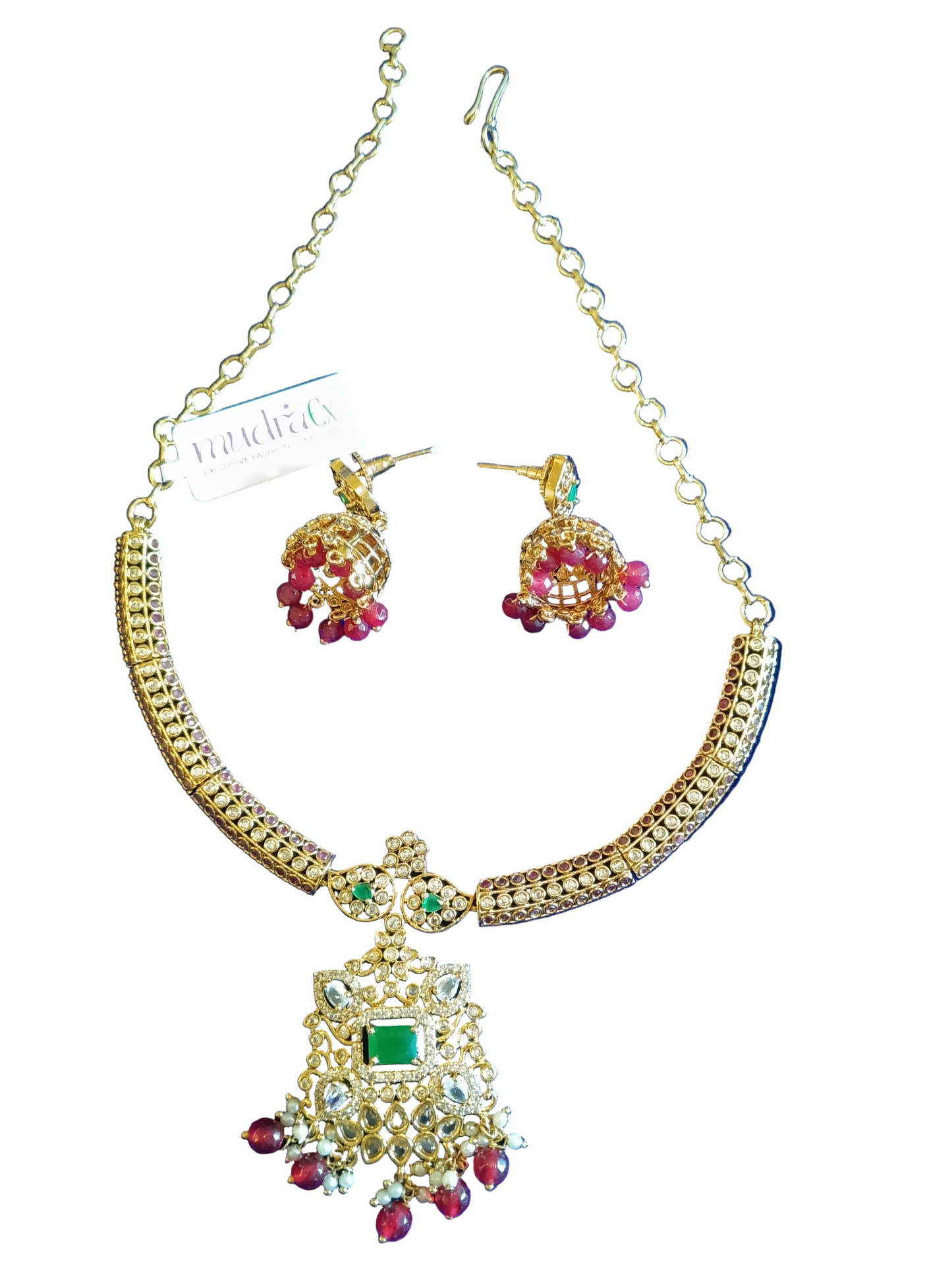 Regal Kundan Pendant Set: Gold Finish Ruby & Emerald Statement Jewellery